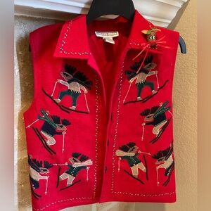 Dress Barn Wool Cotton Holiday Reindeer Moose Ski Vest Corduroy Embroidered M